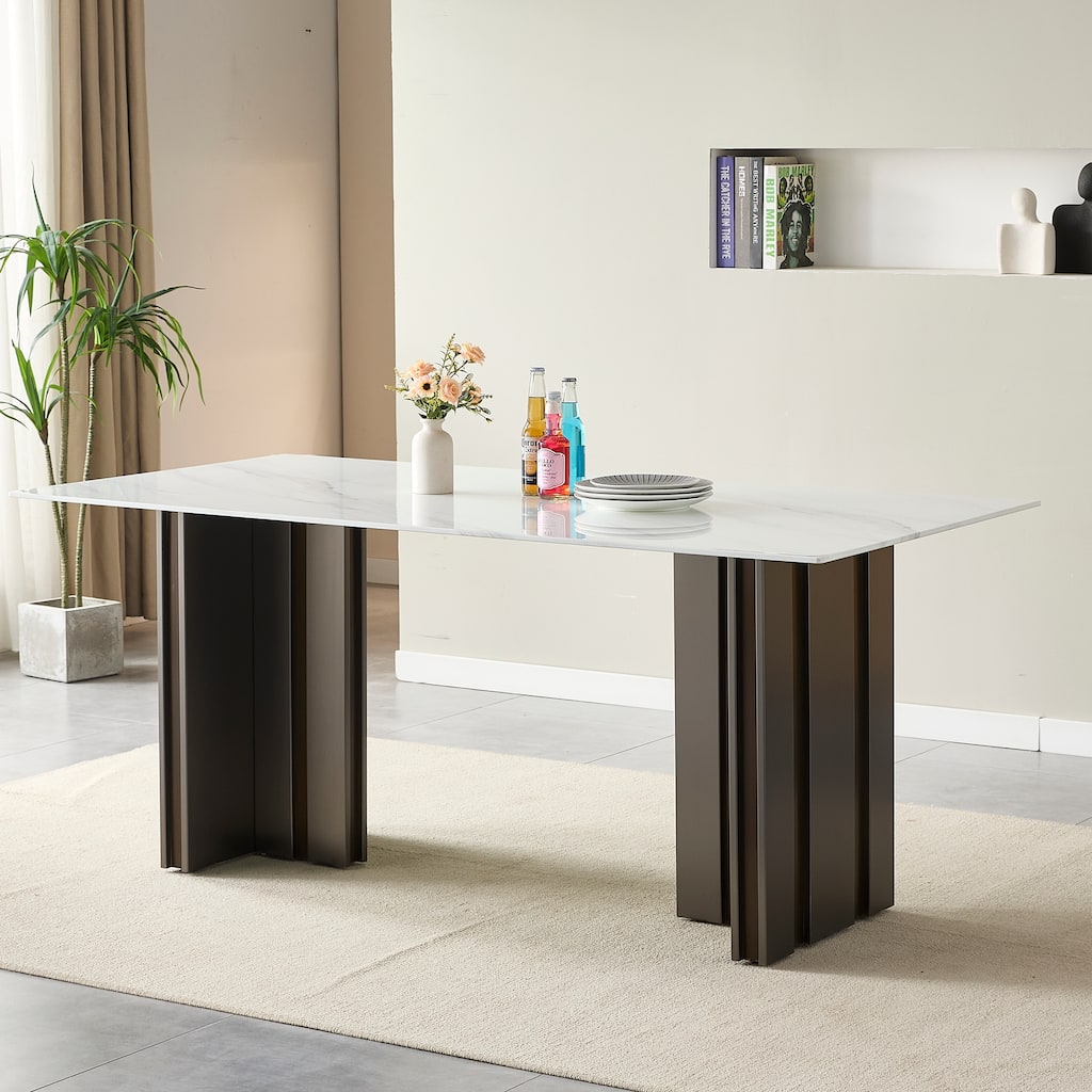 69 Inch Rectangular Dining Table with Marble Texture Glass Top for 4-6 People