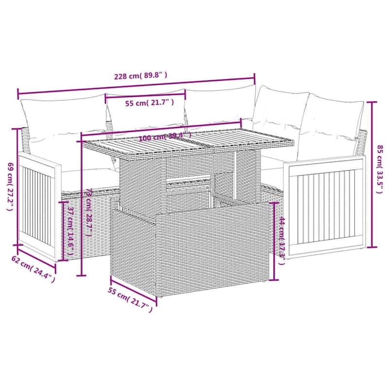vidaXL Patio Sofa Set with Cushions Outdoor Furniture 5 Piece Poly Rattan - 21.7 x 24.4 x 27.2