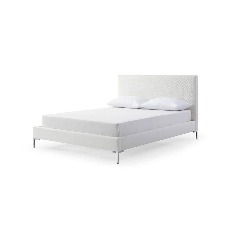 Full Size Bed Frame - Rustic Refinement Upholstered White Faux Leather with Chrome Legs