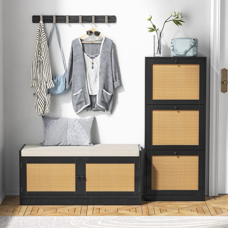 18 Pairs Black Shoe Storage Cabinet Wood Shoe Rack Organizer with 3 Flip Drawers for Entryway - 3-Tier