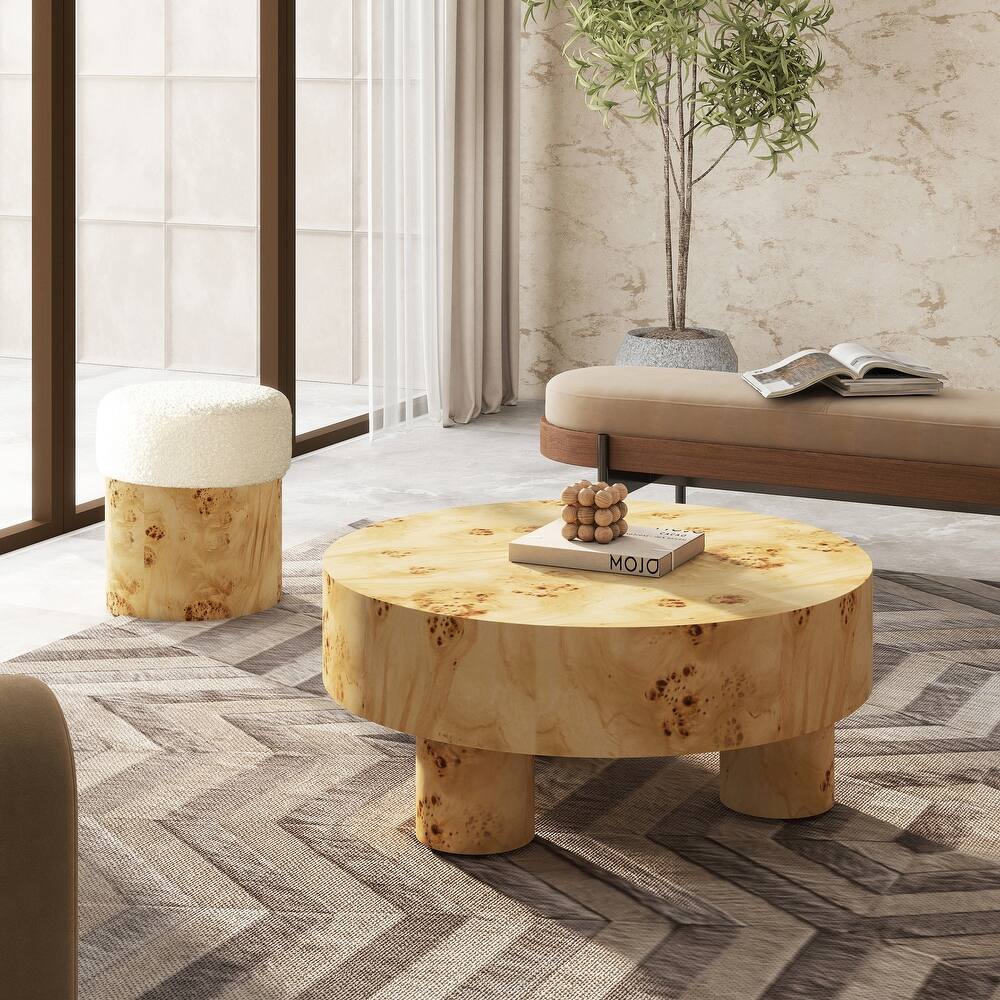 Nebula 35.5" Burl Wood Round Coffee Table with Pillar Legs