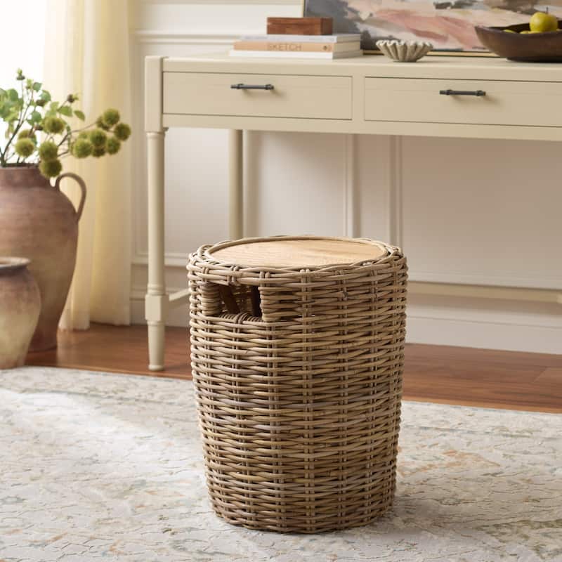SAFAVIEH Home Shanely Wood Top Rattan Stool - 16"W x 16"D x 19"H