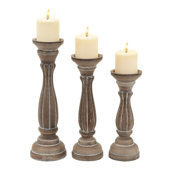Benzara Traditional Style Wooden Pillar Shaped Candle Holder, Brown, Set of 3