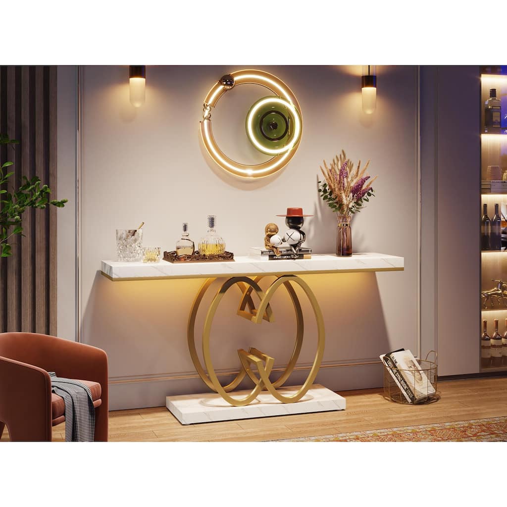 55" White & Gold Faux Marble Console Table, Modern Narrow Entryway Table with Geometric Base for Living Room or Foyer