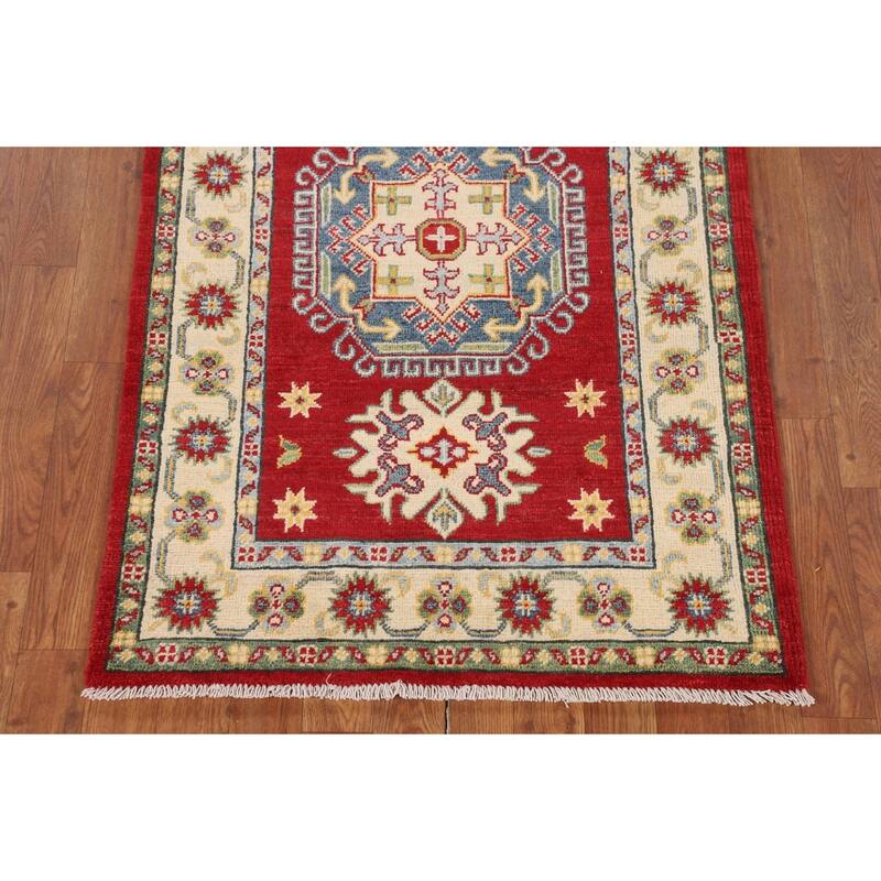 Red Geometric Kazak Foyer Rug Hand-Knotted Wool Carpet - 2'10" x 4'2"