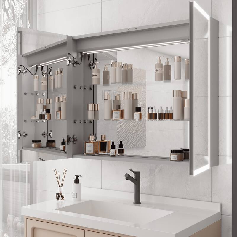 LED Bathroom Medicine Cabinet with Mirror, Double Door Lighted Medicine Cabinet with Defogger, Adjustable Brightness