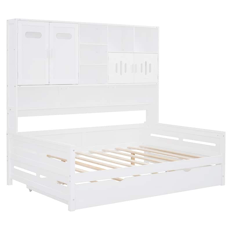 Full Size Wooden Daybed with Twin Trundle, Storage Cabinet & Shelves,White
