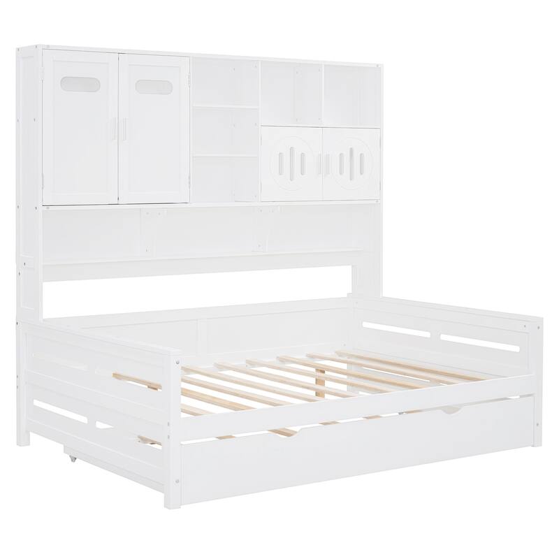 Space-Saving Full Size Daybed with Twin Trundle, Wooden Platform Bed Frame with All-in-One Cabinet & Shelf, No Box Spring Needed