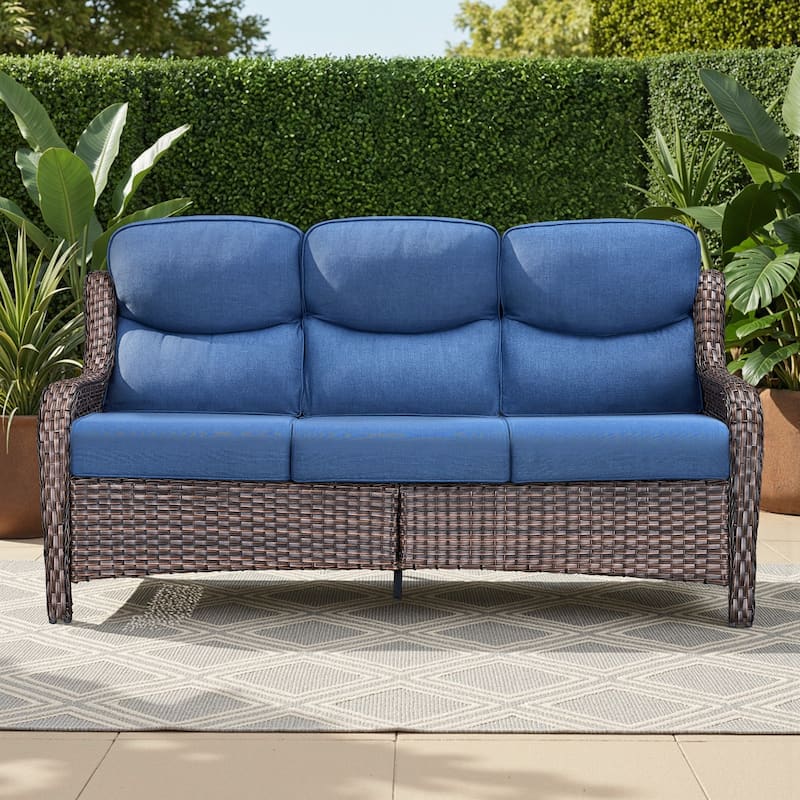Meyreso Handwoven Wicker Outdoor Patio 3-Seat Sofa with 5-Inch Thick Cushions