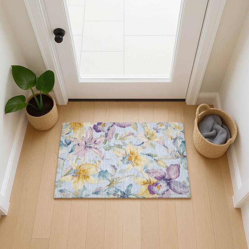 Machine Washable Indoor/ Outdoor Modern Floral Chantille Rug