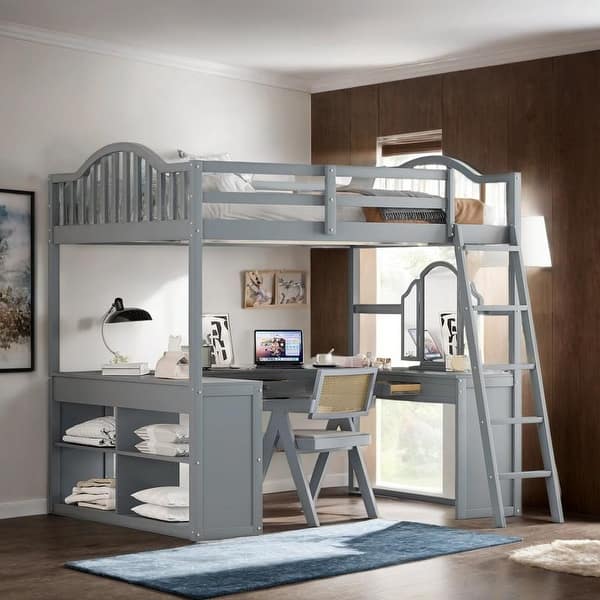 slide 2 of 35, Elegant Full Wooden Loft Bed with U-shaped Desk, Storage Compartments and Tri-fold Mirror, Efficient Workspace, Space-saving Grey