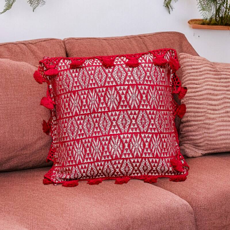 Novica Handmade Traditional Motifs In Red Cotton Cushion Cover