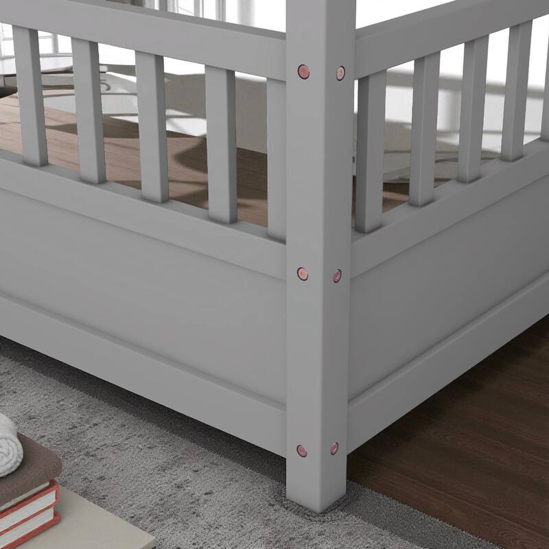 Twin/Full Wooden House Frame Floor Bed with Fence Guardrails, Montessori Style Kids Bed, Pine Wood Low Profile Design