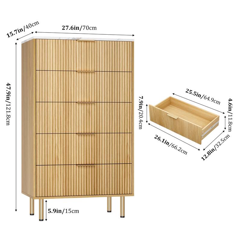 5 Drawer Fluted Dresser for Bedroom, Modern Wooden Storage Chest with Gold Handles