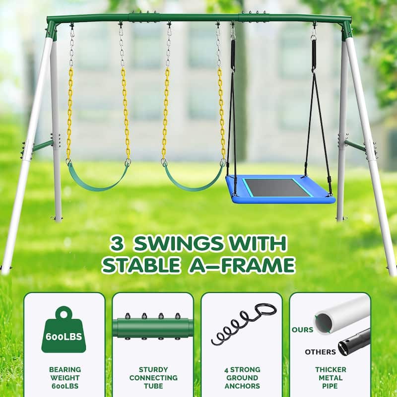 Hapfan 600lbs Heavy Duty Kids Metal Swing Set for Outdoor Backyard with 1 Platform Swing, 2 Belt Swings