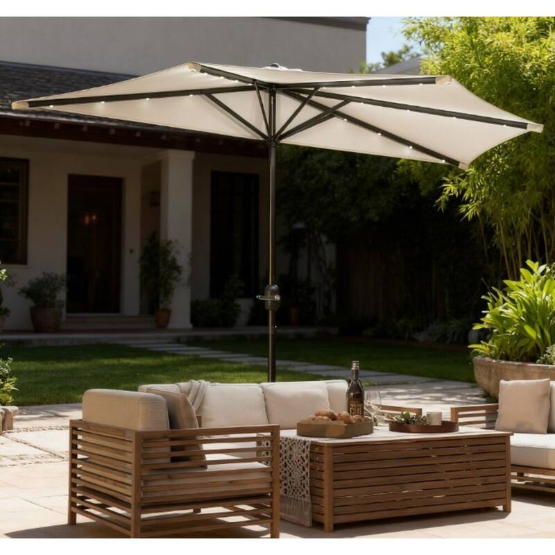 GDFStudio Outdoor Ilyra Polyester Half Patio Umbrella with Solar LED Lights and Steel Pole - Cream White
