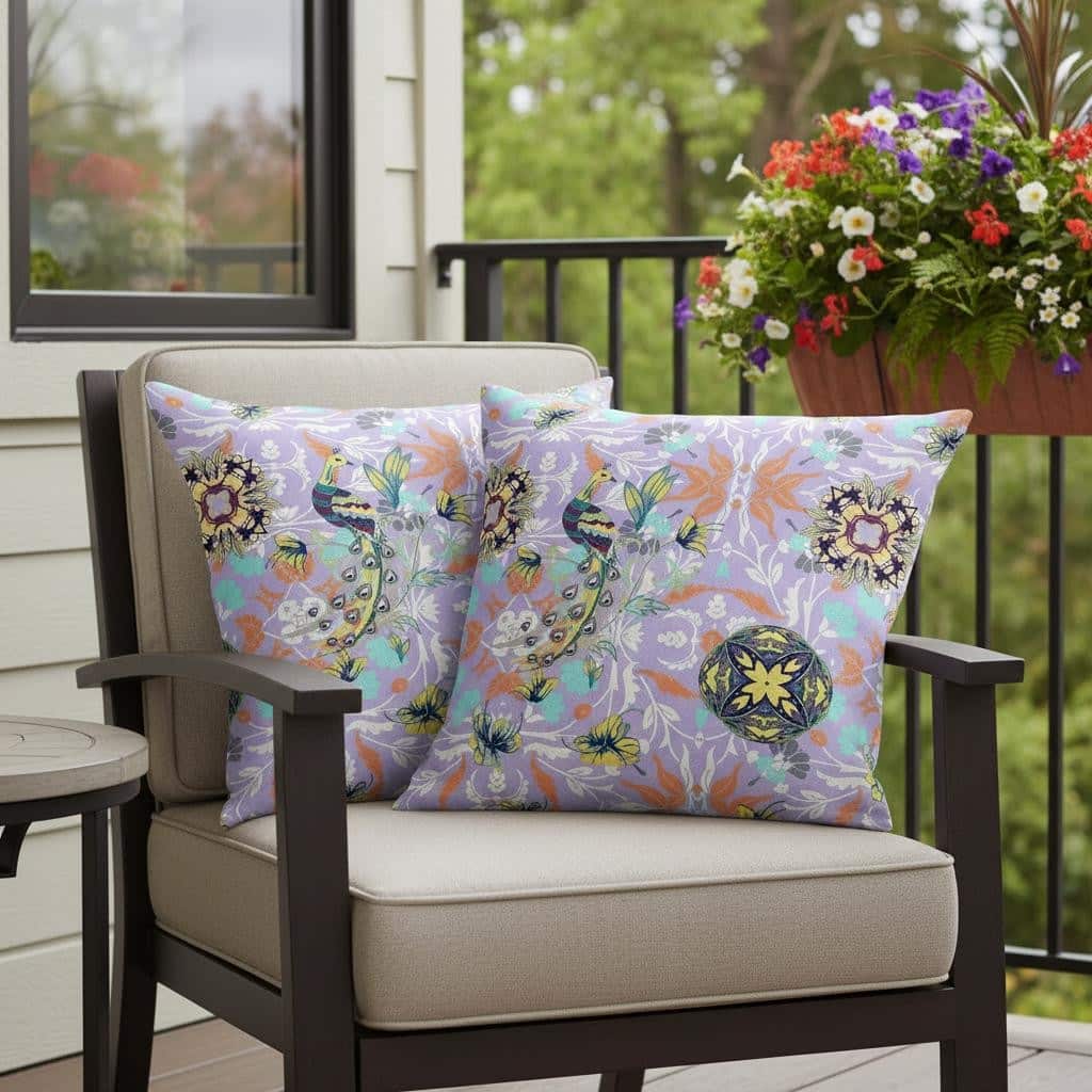 HomeRoots Set of Two 16" X 16" Purple and White Peacock Blown Seam Eclectic Indoor Outdoor Throw Pillow