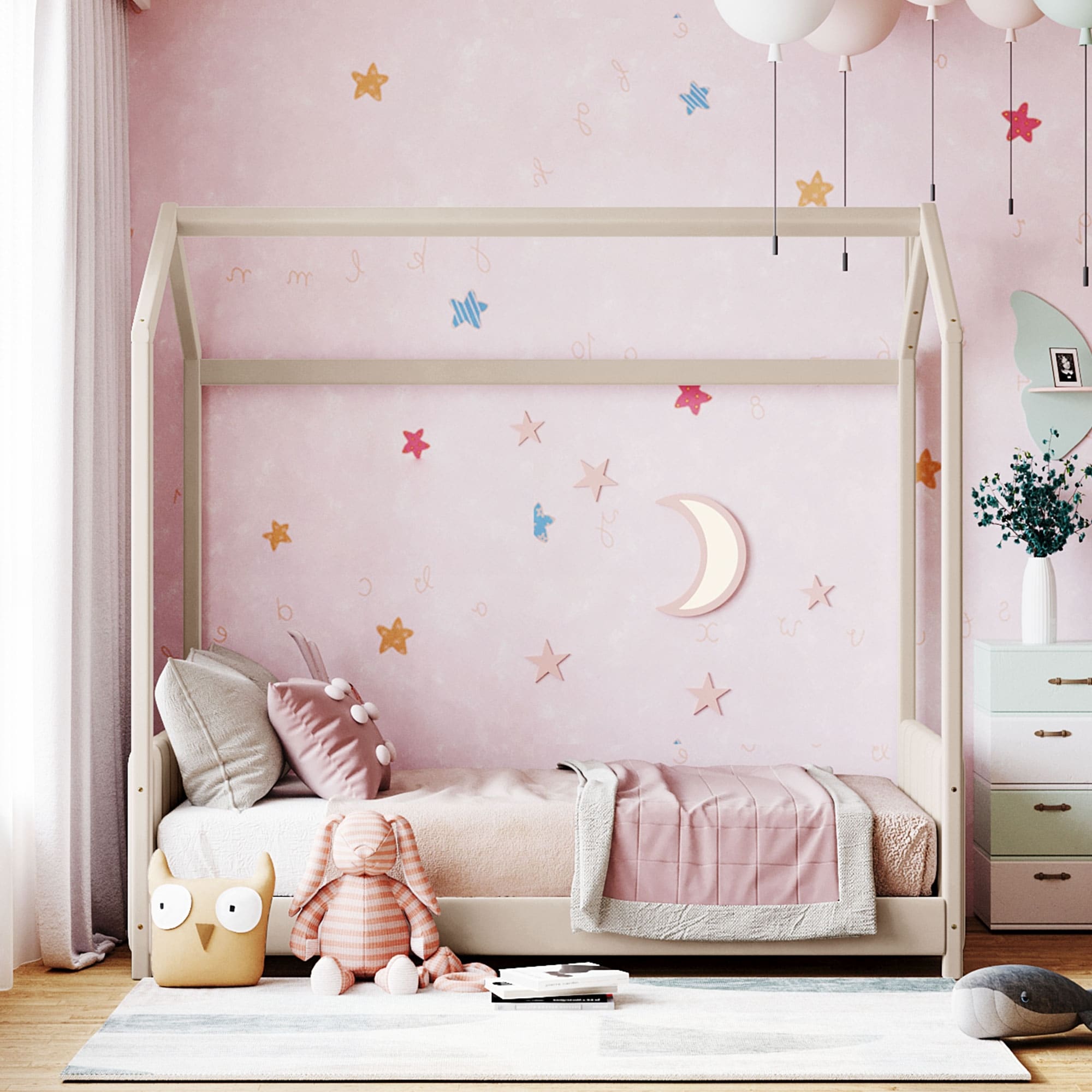 Modern Velvet Upholstered Playhouse Bed Frame with Wooden Slat Support