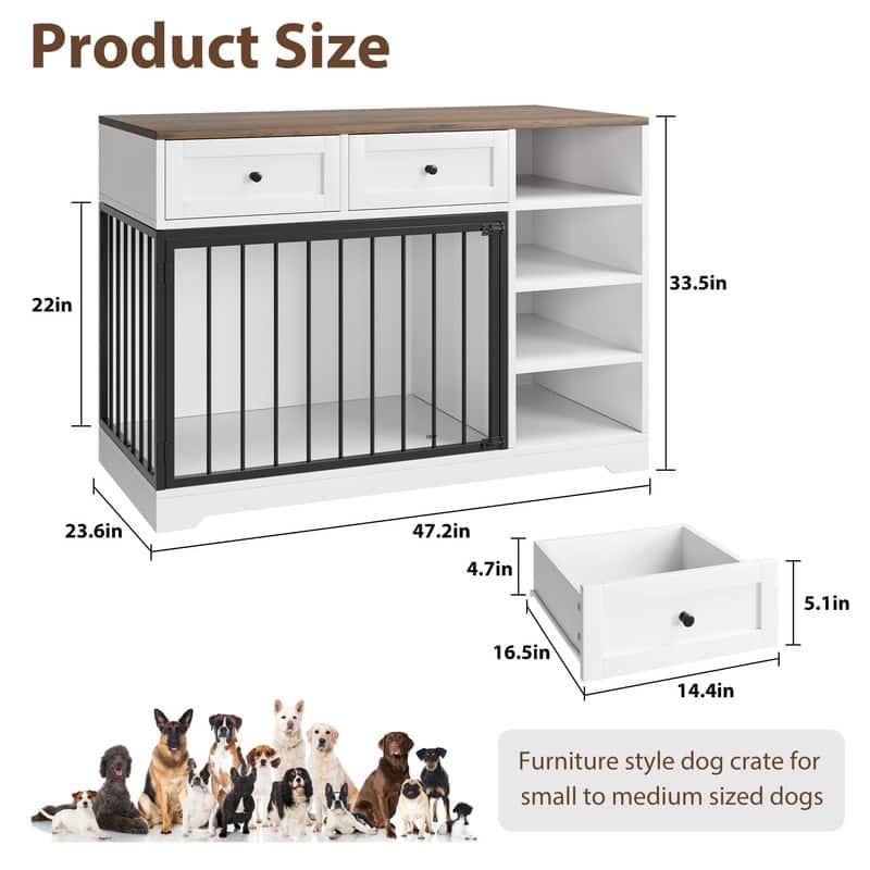 Wooden Dog Cage Furniture Indoor Crate Kennel TV Stand with Drawers Shelves