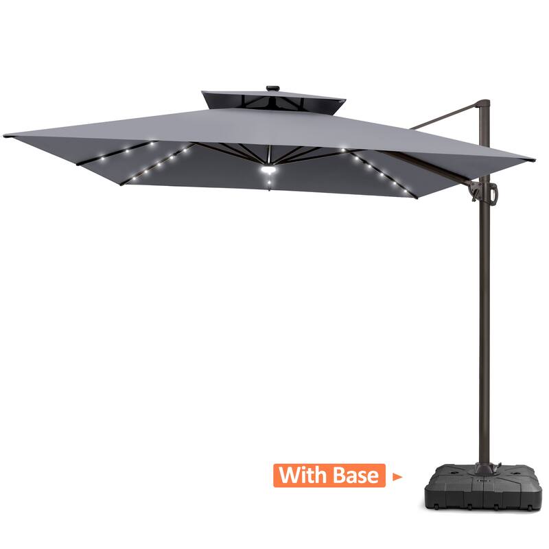 VredHom 11X11 FT Outdoor Square Cantilever Patio Aluminum Umbrella Solar LED Light with Wheel Base