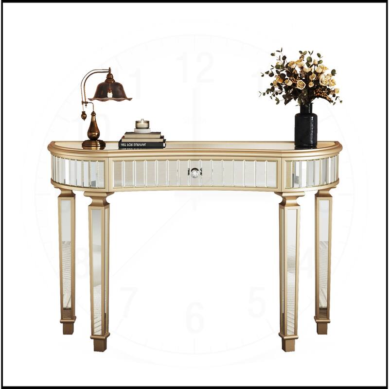 47" Half-Moon Mirrored Console Table with Fluted Glass