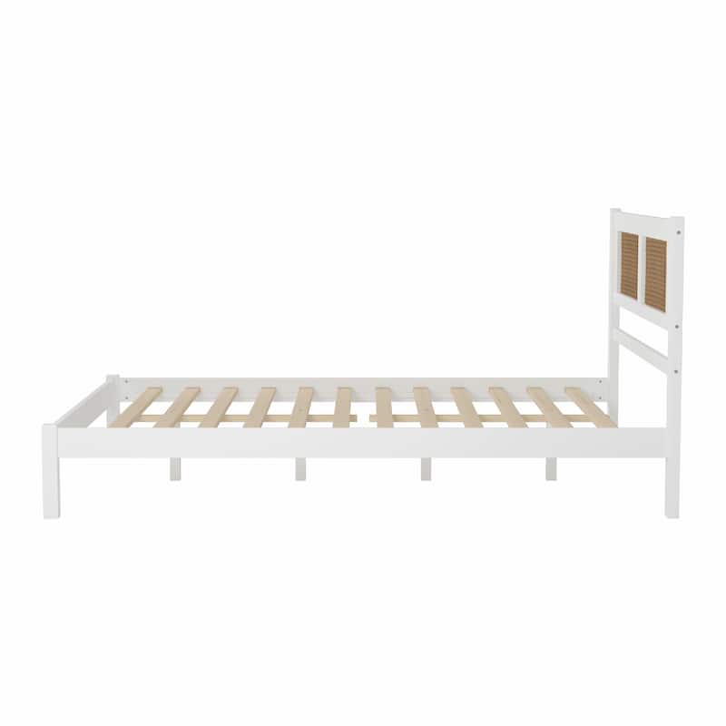 Wood Platform Bed with Natural Rattan Headboard, Elegant Minimalist Design