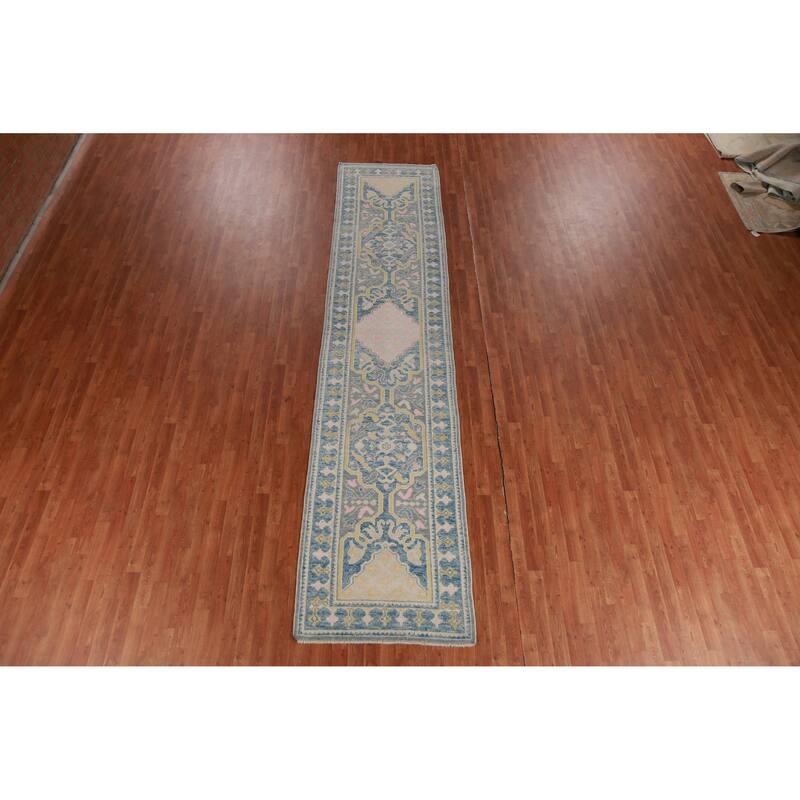 Hand Knotted Oriental 100% Wool Carpet Transitional Geometric Greys & Charcoal Oushak Runner Rug - 14' 1'' X 3' 2''