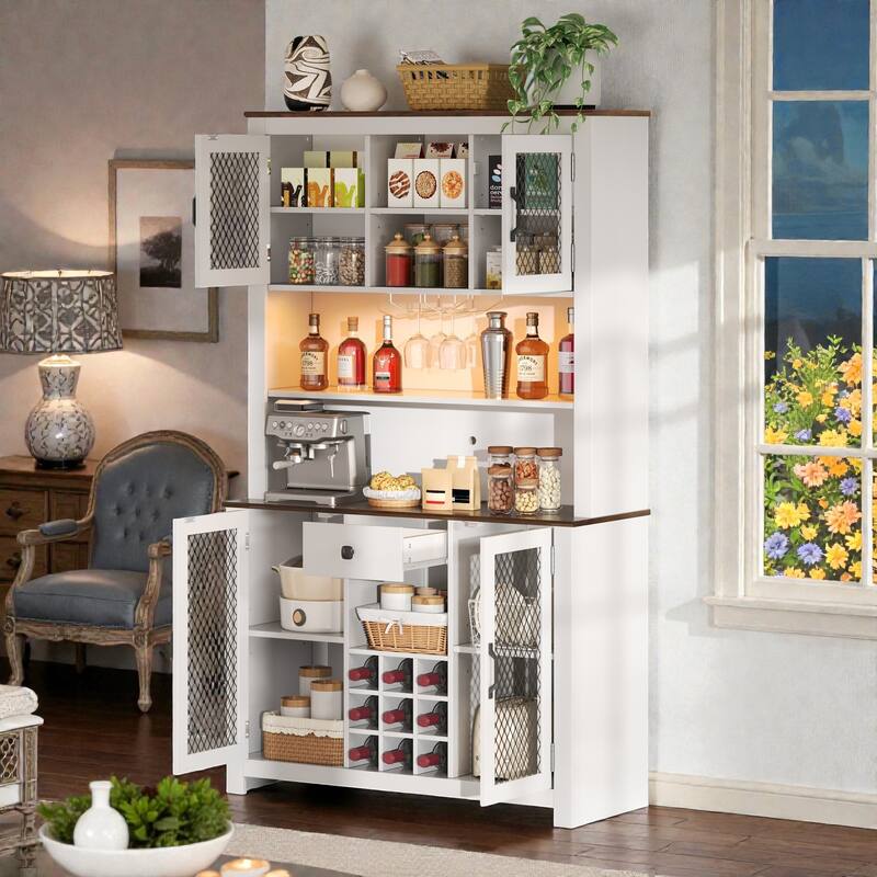 Rustic 70.9" Kitchen Hutch Pantry with LED Lights, AC/USB Outlets, Wine Bottle Rack, Glass Storage and Adjustable Shelves