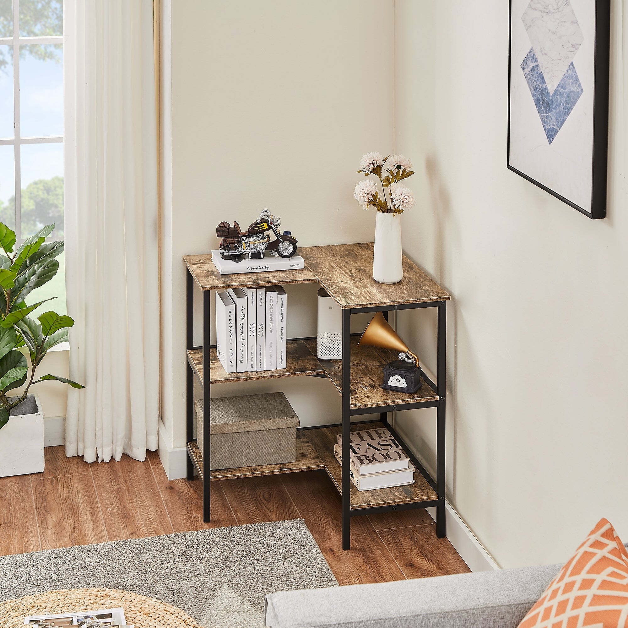 Javlergo L-Shaped 3-Tier Corner Shelf Black Metal Frame Wood