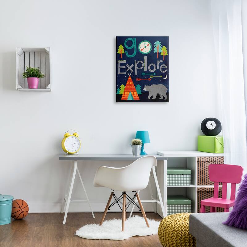 Stupell Go Explore Night Time Tee Pee with Bear Stretched Canvas Wall Art, 16 x 1.5 x 20, Made in USA - Multi-color