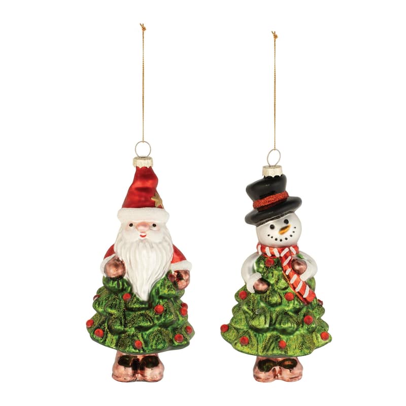 Set of 12 Glass Santa Snowman Ornaments for Holiday Tree Decoration - 2.5” x 2.5” x 6”