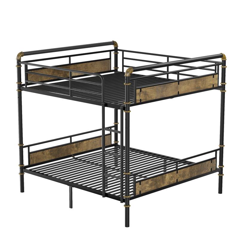 Queen over Queen Metal Bunk Bed, Industrial Detachable Bunkbeds with Safety Guard Rails for Teens, Black