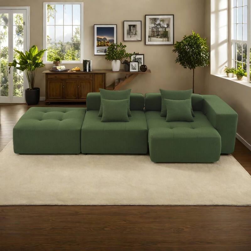 105.5" Corduroy L-Shaped Modular Sectional Sofa with Wide and Deep Seat, Tufted Design, and No Assembly Required - Green