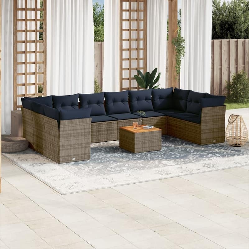 vidaXL Patio Sofa Set with Cushions Outdoor Furniture 11 Piece Poly Rattan - 24.4x 24.4x 27.2 - Grey-form 2