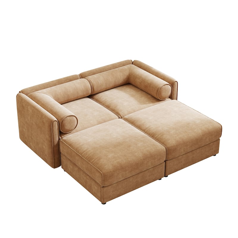75.5" 2-Seater Chenille Sofa with 2 Ottoman Storage Seats, Cylindrical Backrest and Modular Design