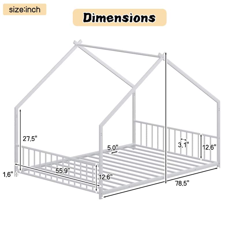 Full Size Kids House Bed Frame with LED Light Strips, Roof-Shaped Metal Floor Bed for Boys & Girls, No Box Spring Needed