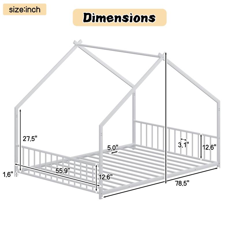 Full size children's bed frame with LED light strips, roof-shaped iron frame bed, White