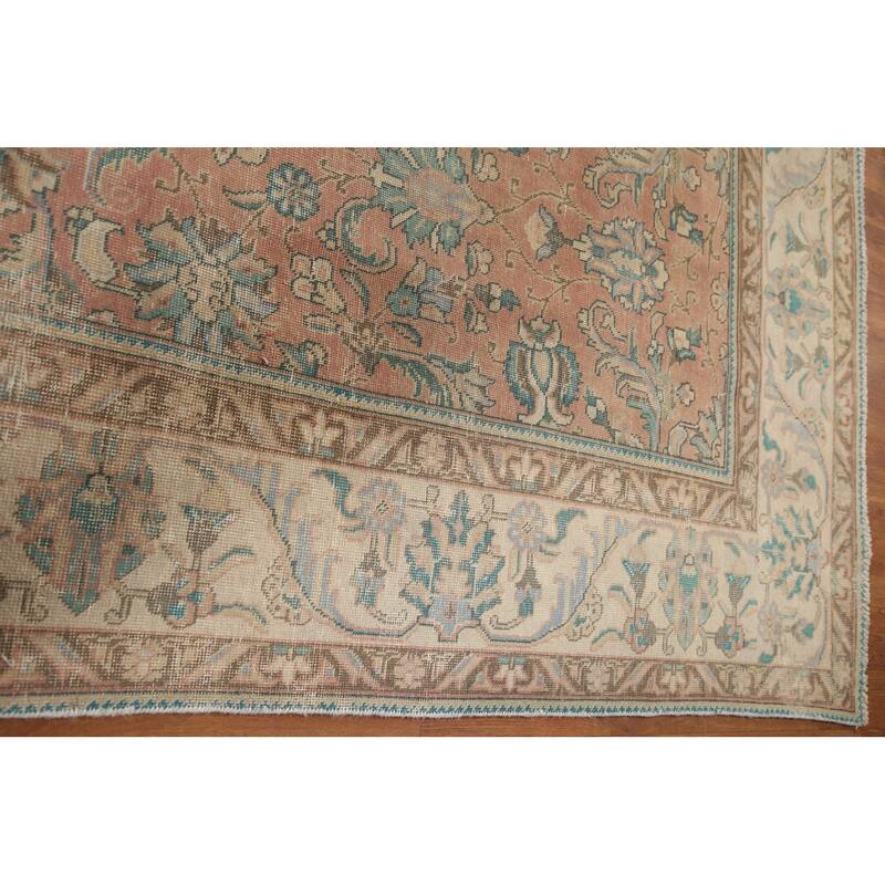 Hand Knotted Oriental 100% Wool Carpet Traditional All-Over Pink Tabriz Area Rug - 12' 4'' X 9' 2''
