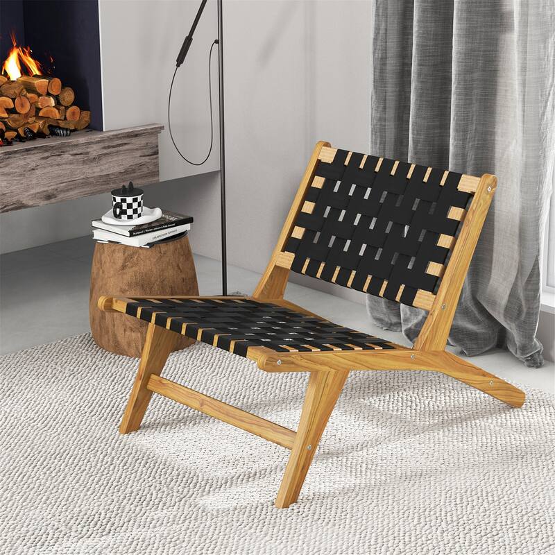 Gymax Teak Wooden Chair w/ Woven Webbing Seat & Backrest for Patio Mid