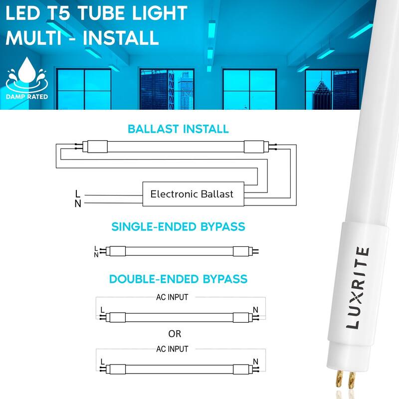 Luxrite 4FT T5 LED Tube Lights, 24W=54W, 45.78", Ballast and Ballast Bypass Compatible, Damp Rated 12 Pack