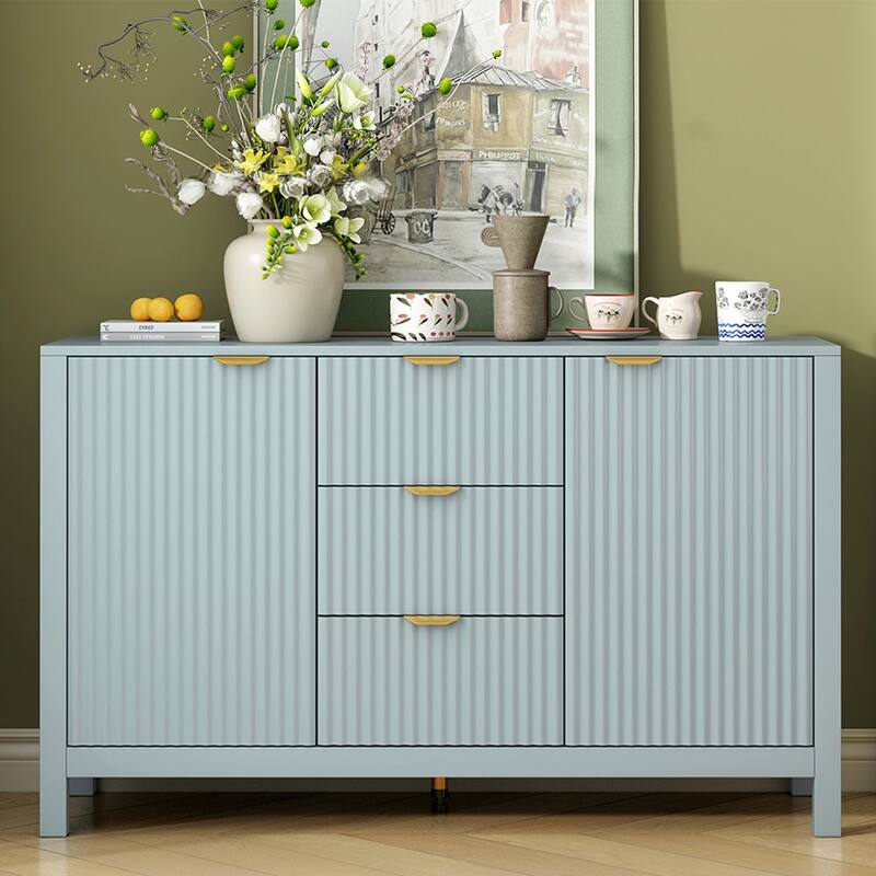 Entryway Cabinet with Wave Design-3 Adjustable Shelves, 3 Drawers & Close Doors, Storage Console Table with Metal Handle - Cyan