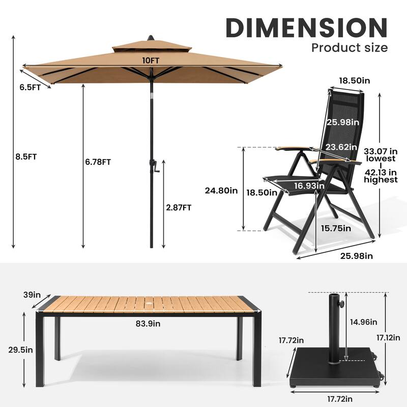 9/11-Piece Outdoor Patio Dining Set Aluminum Dining Table and Chairs w/10 ft Market Umbrella and Base with Wheels