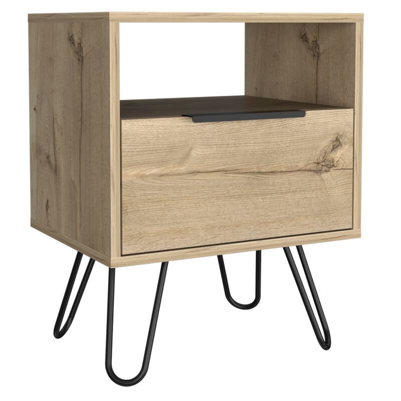 Light Oak Nightstand with Open Shelf, Single Door, and Hairpin Legs
