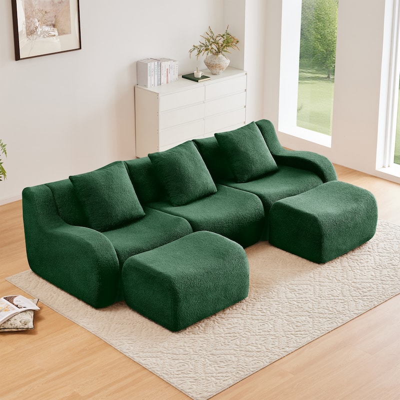 Sectional Couches for Living Room U-Shaped Boneless Couch, 3-Seat Sofa with Movable Ottoman, Floor Modular Teddy Fabric Sofa