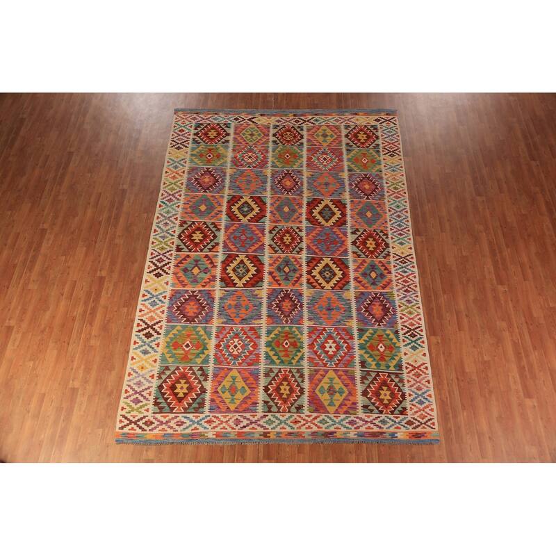 All-Over Geometric Kilim Area Rug Flatweave Wool Carpet - 8'0"x 11'7"