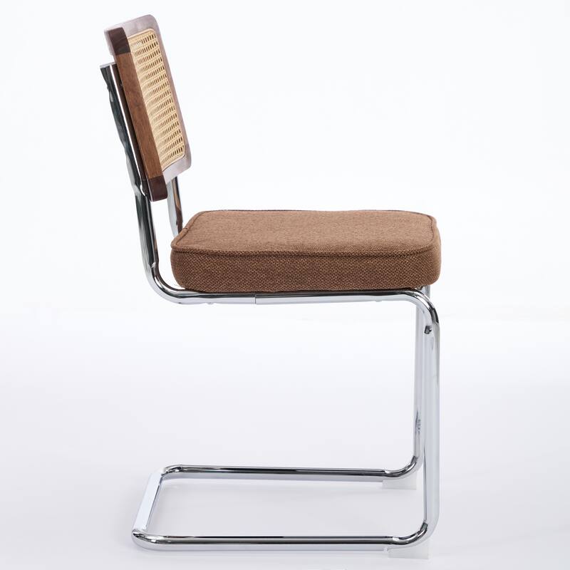 GDF Studio - Mid-Century Linen Dining Chairs with Natural Rattan Cane Back & Chrome Cantilever Base, Set of 2