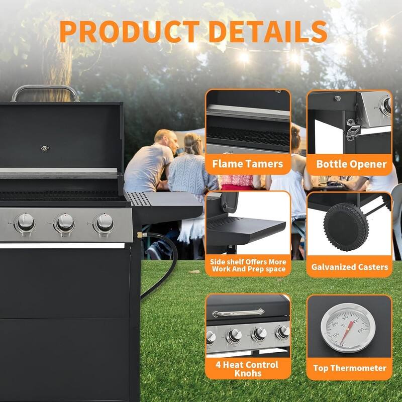 4-Burner Stainless Steel Propane Grill – 34K BTU, 2 Shelves, Wheels, Lid & Bottle Opener – Outdoor/Camping