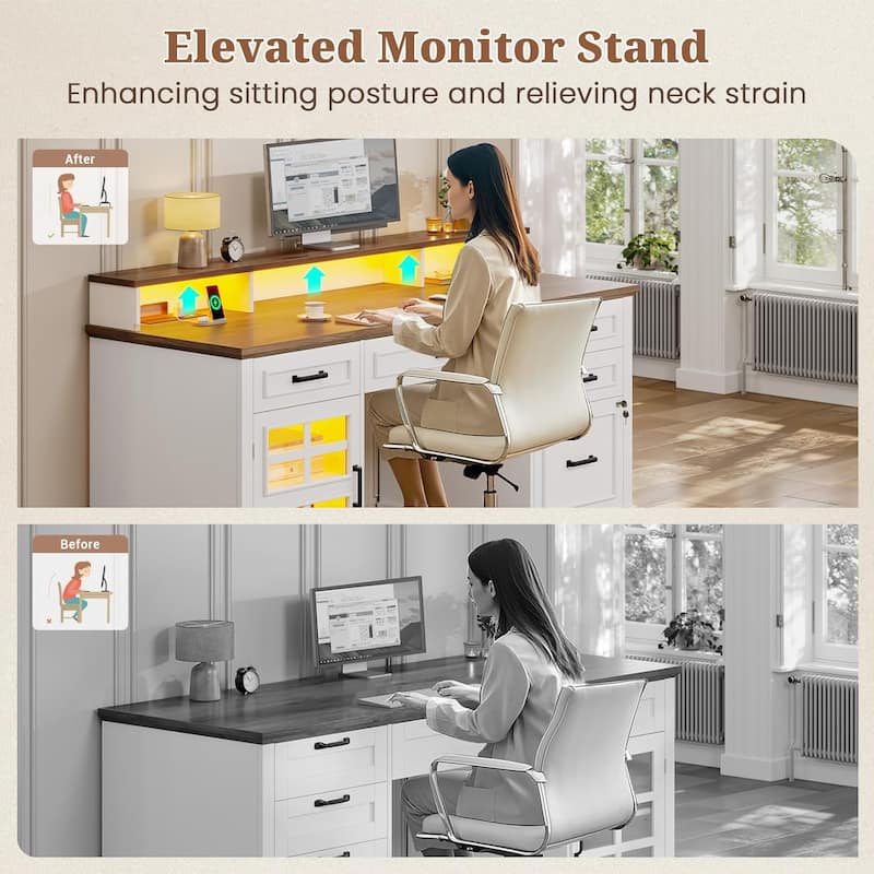Executive Desk with Drawers Computer Desk File Drawers Power Outlet LED Lights Storage Cabinet