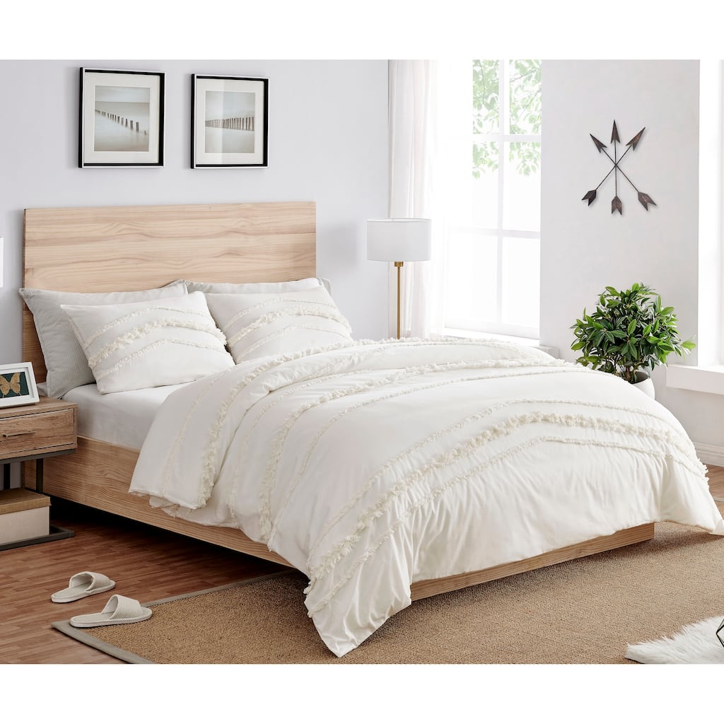 Sweet Jojo Designs Ivory Bohemian Boho Chic King Duvet Cover Bedding Set Farmhouse Minimalist Macrame Tufted Trim Fringe Cotton