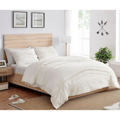 Sweet Jojo Designs Ivory Bohemian Boho Chic Twin Duvet Cover Bedding Set Farmhouse Minimalist Macrame Tufted Trim Fringe Cotton